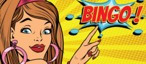 Ilustração em pop art de mulher apontando para a palavra bingo